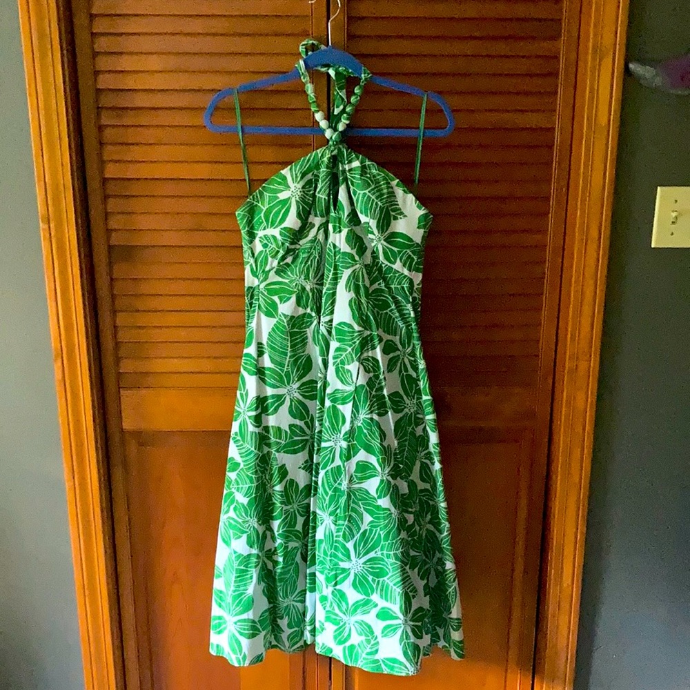 Amanda Lane green/white strapless dress. Zipper back, tie around neck, keyhole.